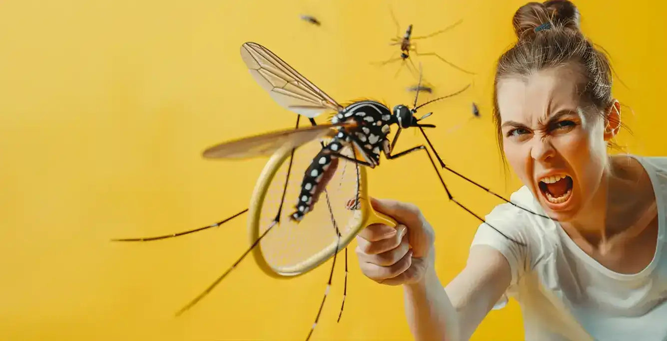 Electric fly mosquito zapper eco friendly pest control. Woman swatting insects with a yellow racket